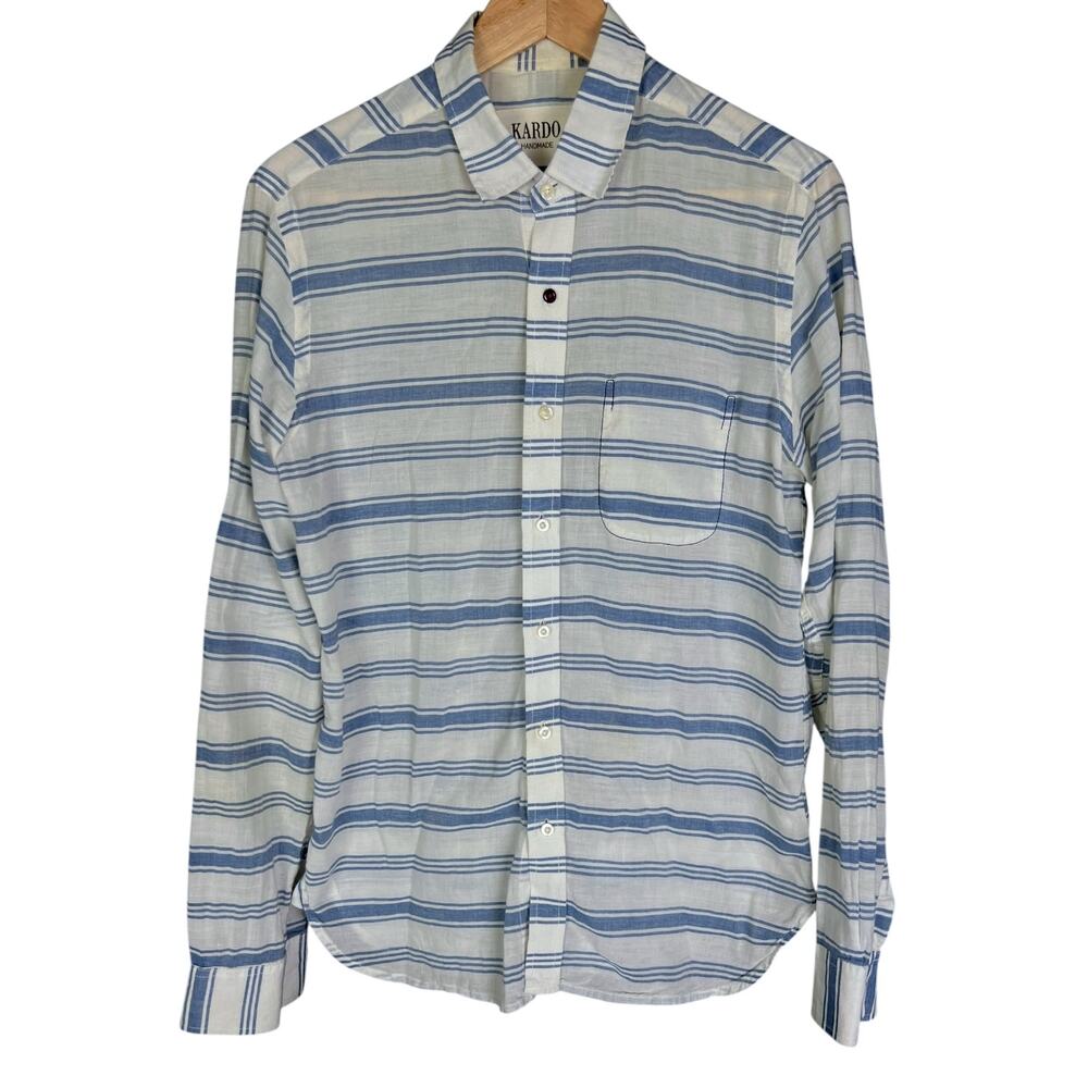 Men's Kardo Handmade Lightweight Blue & White Cotton Button-Up Shirt $225 Retail